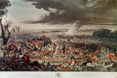 Waterloon kenttä sellaisena kuin se näyttäytyi 18. kesäkuuta 1815 käydyn ikimuistoisen taistelun jälkeisenä aamuna, akvatintta, tekijä M. Dubourg.