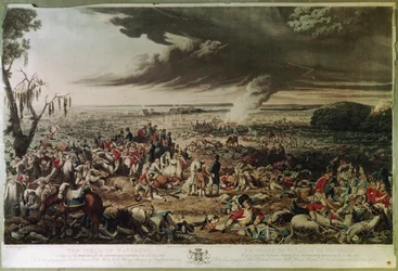Waterloon kenttä sellaisena kuin se näkyi 18. kesäkuuta 1815 käydyn ikimuistoisen taistelun jälkeisenä aamuna, kaiverrettu M. Dubourgin toimesta.