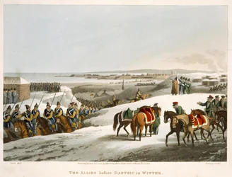 Liittoutuneet ennen Dantzicia talvella, kaiverrettu Matthew Dubourg (fl.1813-20) teoksesta Historic, Military and Naval Anekdootit, pub. kirjoittanut Edward Orme (1774-n. 1820) 1818 (akvatinta)