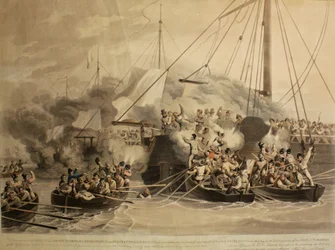 Quebecin, Ravenin, Exertionin ja Redbreastin soutuveneet, Alert ja Princess Augusta, 1811 (akvatintta).