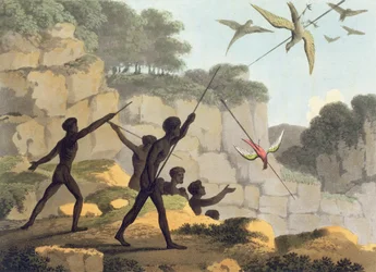 Throwing the Spear, aboriginaalit metsästävät lintuja Uudesta Etelä-Walesista Matthew Dubourgin (f.1813-1820) pubin kaiverruksella. 1813