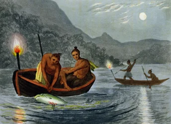 Torch Light Fishing in North America, kaiverrus H. Merke (fl.c.1800-20), julkaisija Edward Orme, 1813
