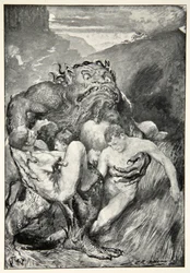 Pahan demoni raivokkaalla raivollaan tarttui niihin ahneesti, M.I.:n teoksesta Hero Myths and Legends of the British Race. Ebbutt, 1910