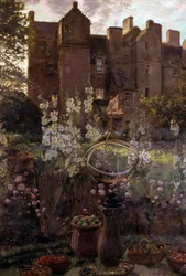 Kellie Castle, Fife, Skotlanti. Skotlantilainen linna, jonka etualalla on asetelmaveistos ja hedelmäkori. John Henry Lorimerin (1856-1936 brittiläinen) maalaus Yksityiskokoelma.