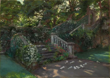 Kultainen hetki: länsiportaat Balcaskien ylemmälle terassille, Fife (öljy kankaalle) (oil on canvas)