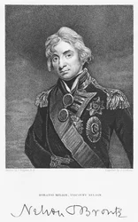 Amiraali Horatio Nelsonin muotokuva hänen allekirjoituksellaan, kaiverrus John Cochran (fl.1821-65)