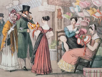 At the Milliners (La Marchande de Modes), paina Charles Joseph Hullmandel (1789-1850), pub. Rodwell ja Martin, 1822