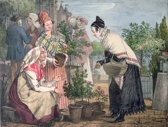 Kukkamarkkinat, Pariisi, kaivertaja Charles Joseph Hullmandel (1789-1850), julkaistu 1821.