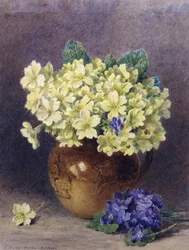 Primolit ja orvokit. John Jessop Hardwickin (1831-1917) maalaus Yksityiskokoelma.