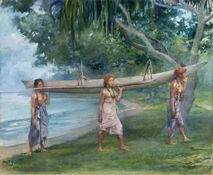 Kanoottia kantavat tytöt, Vaiala Samoalla, 1891.