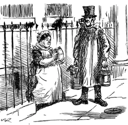 Sarjakuva, jossa kommentoitiin maidon vesittämistä sellaisiin mittasuhteisiin, että sen tarkistamiseksi oli saatava lainsäädäntöä. Kuvittanut John Leech (1817-1864), englantilainen karikaturisti ja kuvittaja