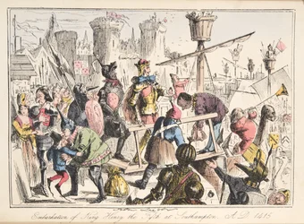 Henry V.:n alukseen Southamptonissa 1415 jKr., Englannin sarjakuvahistoriasta, pub. 1864 (käsinvärinen etsaus)