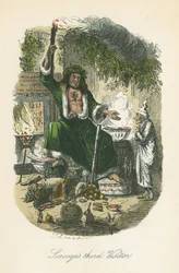Joululahjan haamu ilmestyy Scroogelle. John Leechin (1817-64) kuvitus Charles Dickensille Joululaulu, Lontoo 1843-1834.