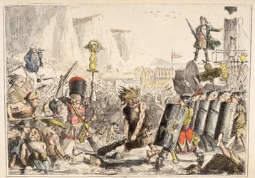Julius Caesarin laskeutuminen Englannin sarjakuvahistoriasta, pub. 1864 (käsinvärinen etsaus)