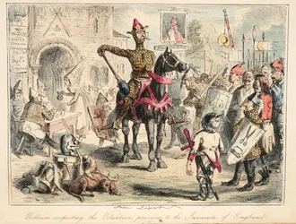 Vilhelm Valloittaja tarkastamassa vapaaehtoisia ennen Englannin valtausta, teoksesta The Comic History of England, pub. 1864 (käsin väritetty etsaus)