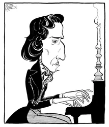 Frederic Chopin - karikatyyri puolalaisesta säveltäjästä ja pianistista soittamassa pianoa.