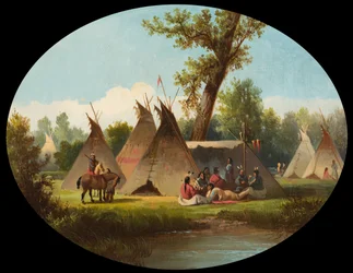 Assiniboinin leiri Ylä-Missourissa, noin 1870