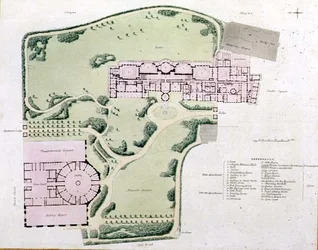Kuninkaallisen paviljongin suunnitelma sellaisena kuin Nash valmistui vuonna 1822 John Nashin teoksesta Views of the Royal Pavilion, Brighton