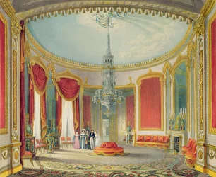 Saloon viimeisessä vaiheessa: Views of the Royal Pavilion, Brighton, kirjoittanut John Nash, 1826 (tulostus)