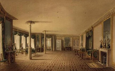 South Drawing Room tai Juhlahuoneen galleria näkymistä Royal Pavilionista, Brighton, John Nash