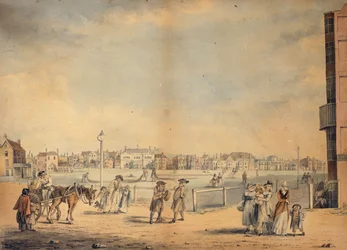 Brighton, jossa näkyy Miss Widgettin kiertävä kirjasto, Marlborough House, Castle Inn ja Assembly Rooms sekä Marine Pavilion, 1792