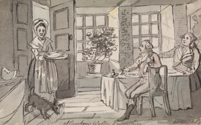 Figuurit istuvat pöydän ääressä, joille tarjoillaan ruokaa, Crockem Wells, Devonshire
