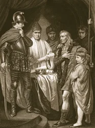 Baliol luovuttamassa kruununsa Edward I:lle, kaiverrettu J. Parker, kuvitus David Humen Englannin historiasta, pub. R. Bowyer, Lontoo, 1812