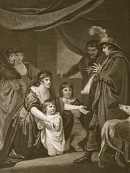 Lady Elizabeth Gray rukoilee Edward IV:tä suojelemaan lapsiaan, kaiverrettu W. Bromley, kuvitus David Humen "The History of England", pubista. R. Bowyer, Lontoo, 1812