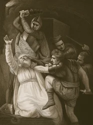 Becketin kuolema, kaiverrettu J. Stowen toimesta, kuvitus David Humen teoksesta "The History of England", julkaisija R. Bowyer, Lontoo, 1812.