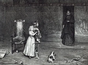 Derbyn kreivitärnän esiintyminen kultaisessa huoneessa, kohtaus Scottin Peveril of the Peak -elokuvasta Leisure Hour, 1888