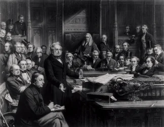 Alahuone vuonna 1860: Lordi Palmerston puhui parlamentille keskustelun aikana sopimuksesta Ranskan kanssa, kaiverrus Falkner, 1863 (katso myös 42219 ja 107821)