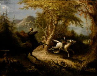 Päätön ratsastaja jahtaamassa Ichabod-kurkkua, 1858.