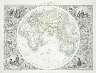 Itäinen pallonpuolisko, John Tallis und Co.:n, New Yorkin ja Lontoon, 1850-luvulla julkaisemasta World Maps -sarjasta