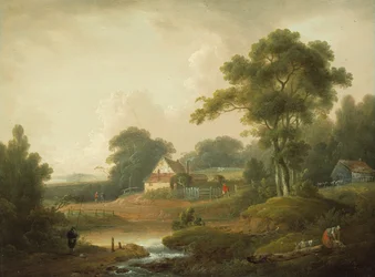 Maisema, jossa on kalastaja ja pesijätär