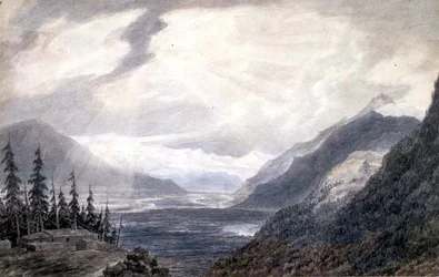 PD.6-1965 Pays de Valais, lähellä Genevejärveä, n. 1776 (intialainen muste, kynä ja pesu paperille)