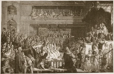 The Acquittal of the Seven Bishops, 1688, kuvitus teoksesta "The Church of England: A History for the People", kirjoittanut H.D.M. Spence-Jones, pubi. n. 1910 (seepiavalokuva)