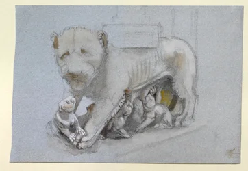 Luonnos leijonasta ja pennuista Nicola Pisanon Sienan saarnatuolista, kesäkuu 1870 (akvarelli ja vartaloväri grafiitin päällä siniharmaalla kudottupaperilla)