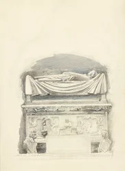 Sarkofagi ja Cangrande I della Scalan haudan kuva, Verona, 21.5.-1.7.1869 (grafiitti, akvarelli ja vartaloväri kudottupaperille)