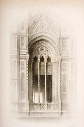 Leikkaus Campanile of Giottosta, Firenzestä, John Ruskinin teoksesta "Arkkitehtuurin seitsemän lamppua", kaiverrettu James Charles Armytage (n. 1820-97), julkaistu 1894 (kaiverrus)