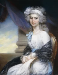 Miss Sophia Vansittartin muotokuva, kolmen neljäsosan kuvassa, yllään valkoinen mekko, valkoinen nauha puuteroiduissa hiuksissaan ja musta hartiahuivi olkapäille laskostettuna, istumassa klassisen pylvään vieressä