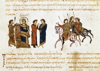Bysantin keisari Leo V Armenialaisen (775-820) kruunajaiset, miniatyyri teoksesta "Synopsis historiarum", noin 1126-1150