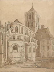 Abbey Church Fecampissa, Normandiassa, n. 1817-20 (grafiitti ja ruskea pesu paperille)