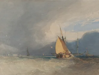Veneitä rannikolla, myrsky lähestyy, 1830.