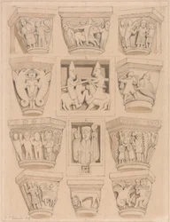 A  A  B Bas-lipukkeet Saint Georges de Bochervillen luostarikirkossa Rouenin lähellä, Normandiassa.