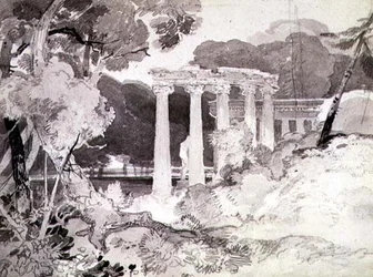 No.1539 Klassinen pylväikkö metsäisessä maisemassa (kynä- ja intialainen mustepesu paperille)