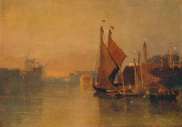 Näkymä Yarmouth Bridgeltä, Norfolk, Katse kohti Breydonia, juuri auringonlaskun jälkeen, c1823