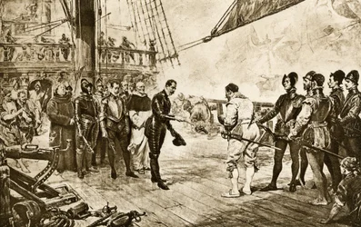 Espanjan armadan amiraali palauttaa miekkansa Francis Drakelle (1540-1596).