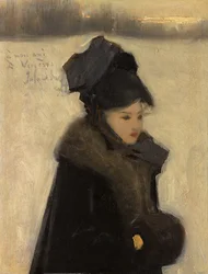 Nainen turkisten kanssa, noin 1880-85 (öljy kankaalle).