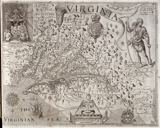 Virginian kartta, jonka kapteeni John Smith löysi ja kuvasi vuonna 1606, kaiverrettu William Hole (1607-24), julkaistu 1612 (ks. myös 174212).