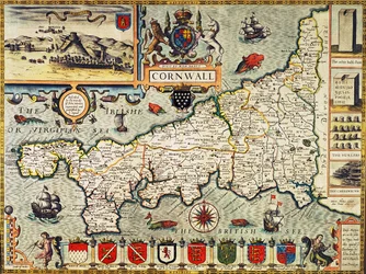 Cornwallin kartta teoksesta "Theatre of the Empire of Great Britain", George Humblen Lontoossa julkaisema vuoden 1627 painos